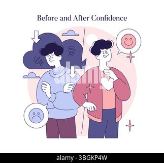 Illustration de confiance avant et après montrant la transformation émotionnelle. L'image contraste les sentiments de tristesse et d'incertitude avec la joie et l'assurance de soi, illustrant la croissance mentale. Illustration vectorielle. Illustration de Vecteur