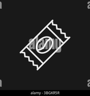 Sachet ou paquet de café avec logo de grain de café sur fond noir, représentant le café instantané ou une portion, icône de contour blanc Illustration de Vecteur