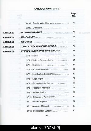 Le contrat de négociation collective de 1996 entre la ville de Columbus et la section locale 67 du syndicat des pompiers de Columbus énonce les modalités des pompiers, y compris les salaires, les avantages sociaux et les dispositions relatives à la retraite. Banque D'Images