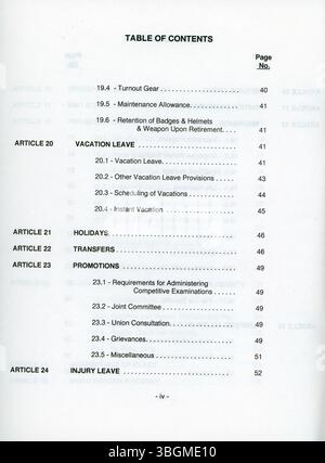 Ce contrat de négociation collective, établi entre la ville de Columbus et la section locale 67 du syndicat des pompiers de Columbus, a été mis en œuvre en 1996. Il énonce les modalités et conditions applicables aux pompiers sous la représentation du syndicat. Banque D'Images