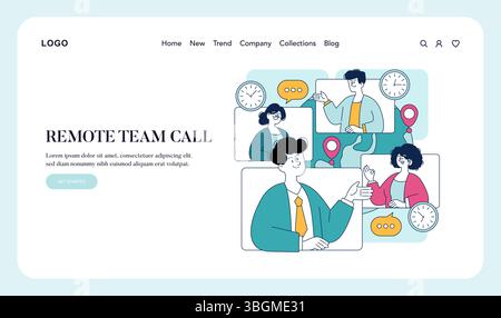 Illustration d'appel d'équipe à distance pour une collaboration virtuelle. Les membres de l'équipe participent à la visioconférence tout en partageant des idées et en gérant efficacement leur temps sur différents sites. Illustration vectorielle. Illustration de Vecteur
