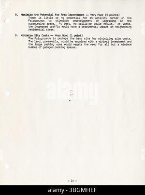 Ce rapport de 1985 évalue six sites potentiels pour un centre d'activités polyvalent proposé dans le comté de Franklin. L'évaluation utilise un système de notation fondé sur divers critères, notamment l'utilisation des terres, le potentiel de développement et l'infrastructure. Les sites Central High School et Ohio Center obtiennent les meilleurs scores, ce qui suggère leur adéquation pour le projet. Banque D'Images