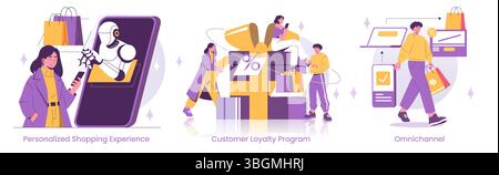Illustration vectorielle représentant des achats personnalisés avec un assistant robot, des programmes de fidélisation de la clientèle et des stratégies de vente au détail omnicanal. Présente les personnes qui interagissent avec la technologie et les récompenses. Illustration de Vecteur