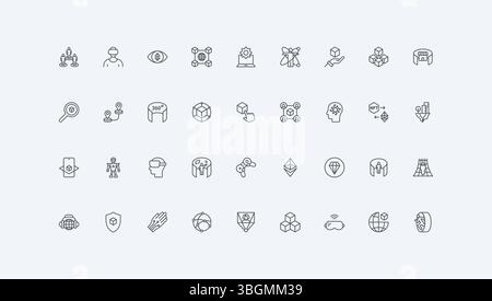 Lunettes et casque VR, panorama à 360 degrés, illustration vectorielle de symboles de contour noir mince de robot. Réalité virtuelle et monde 3D, metaverse, jeux et appareils de divertissement ligne ensemble d'icônes Illustration de Vecteur