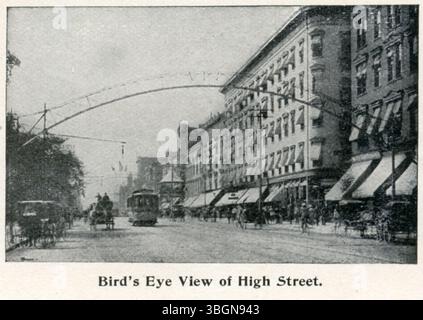 Cette photographie de 1897 montre South High Street à Columbus, Ohio, vue vers le sud depuis Broad Street. L'éclairage des rues, les arcs électriques et les lampes à gaz sont visibles. La scène capture le trottoir Nicholson et un chemin de fer urbain à voie unique qui était en usage à l'époque. Banque D'Images