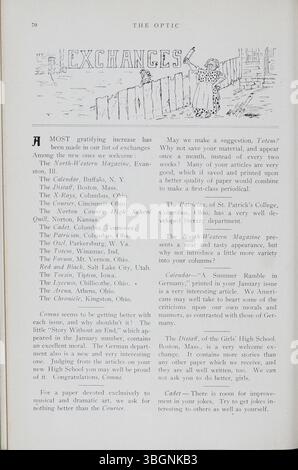 L'annuaire « Optic » de 1907-12 fournit un aperçu de South High School à Columbus, Ohio. L'école, fondée en 1895, a déménagé dans plusieurs endroits, y compris Ohio Avenue Elementary et Columbus High School Building. L'emplacement Deshler Avenue de South High a ouvert ses portes en 1900 et un nouveau bâtiment sur Ann Street a ouvert ses portes en 1924. Le bâtiment de la rue Ann a subi une rénovation importante et a rouvert ses portes en 2007. Banque D'Images