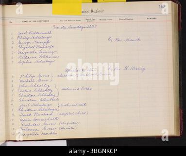 Les archives officielles de l'église Lutheran Church de 1835 à 1913, documentant les baptêmes, mariages et funérailles dans le canton de Clay, comté d'Auglaize, Ohio. Les enregistrements sont en anglais. Banque D'Images