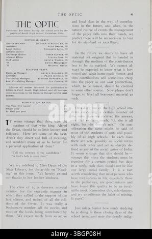 Une page de l’annuaire 1907-1908 de South High School, The Optic, volume 1, numéro 1. South High School, situé au 1160 Ann Street à Columbus, Ohio, a eu plusieurs emplacements depuis sa fondation. L'école a emménagé dans son bâtiment actuel en 1924, et après des rénovations, le bâtiment de la rue Ann a rouvert ses portes en 2009. Banque D'Images