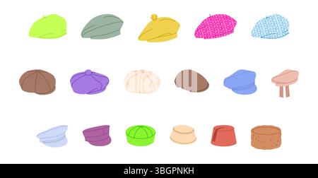 Ensemble de chapeaux de béret, casquettes en forme de Pillbox, - bonnet Balmoral structuré tricoté. Tête mode accessoire casquette accessoire illustration technique des vêtements. Couvre-chef vectoriel pour hommes, style unisexe pour femmes, modèle plat CAD maquette esquisse Illustration de Vecteur