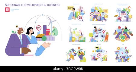 Ensemble d'illustrations vectorielles illustrant le développement durable dans les entreprises. Inclut des concepts tels que la réduction des émissions, l'ESG et l'économie circulaire. Idéal pour une utilisation éducative et professionnelle. Illustration de Vecteur
