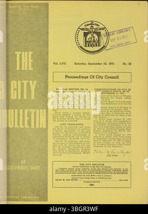 Le Columbus City Bulletin de 1972 présente les activités du conseil municipal, les ordonnances, les propositions, les mises à jour de la fonction publique, les actions du conseil d’achat et les résolutions, publiées sous la supervision du greffier municipal. Banque D'Images