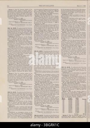 Cette section du Bulletin de la ville de Columbus de 1989 comprend les délibérations du conseil, les résolutions, les notes de la fonction publique et les mises à jour sur les activités du conseil d'administration. Banque D'Images