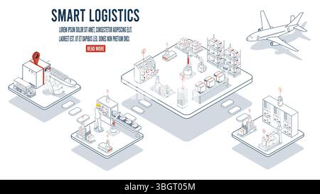 La logistique intelligente combine la gestion des entrepôts avec la technologie sans fil et les robots automatisés AGV et AMR pour une manutention efficace des matériaux. Illustration de Vecteur