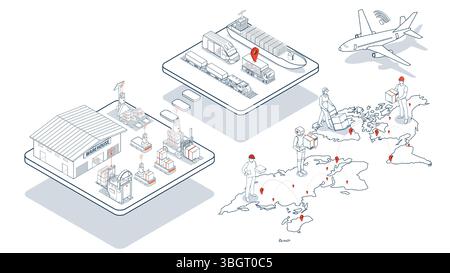 Robots autonomes en logistique. Rationalisation de la livraison des produits des fournisseurs aux clients grâce à des opérations automatisées d'entrepôt, de camions et de chariots élévateurs Illustration de Vecteur