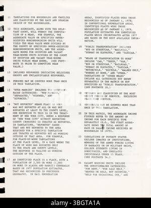 Cette section du fichier sommaire du recensement de 1980 3A contient des données d'échantillonnage sur la population et les logements, en mettant l'accent sur des régions géographiques comme les comtés et les secteurs de recensement. Il fournit un aperçu des données communautaires qui peuvent aider à l'analyse démographique et économique. Banque D'Images