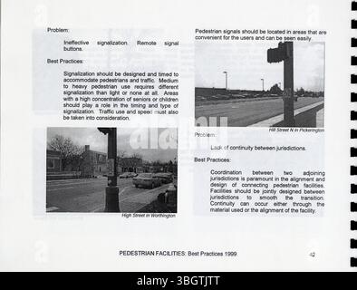 Pratiques exemplaires en matière d'installations piétonnes 1999 rassemble les pratiques exemplaires pour guider les collectivités locales dans l'élaboration ou l'amélioration de programmes de piétons. Il offre un aperçu de la façon de remédier aux lacunes des infrastructures afin d'améliorer l'accès et la sécurité des piétons. Banque D'Images