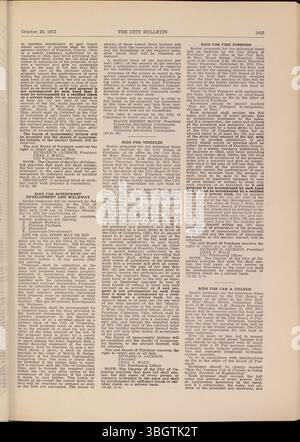 Dans le Columbus City Bulletin de 1972, les actes, ordonnances, résolutions et notes de service public du conseil municipal sont publiés avec des annonces d’offres et de propositions concernant les opérations de la ville et les actions du département. Banque D'Images