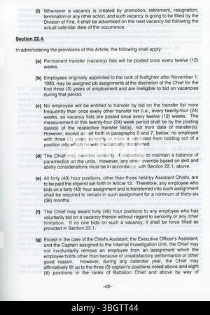 Le contrat de négociation collective de 1996 décrit l'entente conclue entre la ville de Columbus et la section locale 67 du syndicat des pompiers de Columbus concernant les droits des employés, la rémunération et les responsabilités des membres du syndicat en matière de service d'incendie. Banque D'Images