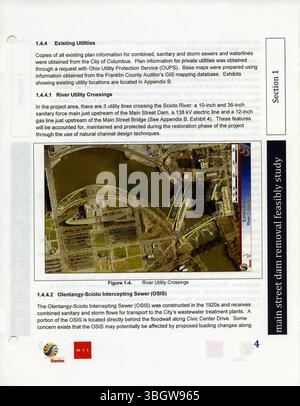 Cette étude de faisabilité de 2012 décrit un plan visant à créer un corridor fluvial vert dans le centre-ville de Columbus. Le barrage de la rue principale, qui élargissait auparavant la rivière Scioto, serait supprimé, rétrécissant la rivière et ajoutant des espaces verts le long de ses rives. Cette transformation améliorerait le bord de la rivière urbaine, en fournissant des espaces verts élargis et des voies pour l'interaction publique le long du bord de l'eau. Banque D'Images