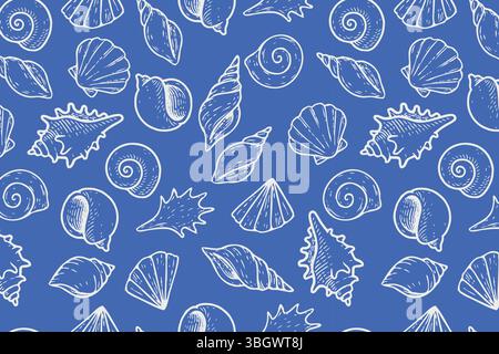 Motif nautique sans couture avec coquillages dessinés à la main en blanc sur un fond bleu vif. Parfait pour l'été, les thèmes de la plage, et d'inspiration marine Illustration de Vecteur