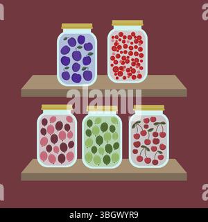 Compote de baies et de fruits dans des bocaux en verre, étagères de stockage des aliments. Banque D'Images