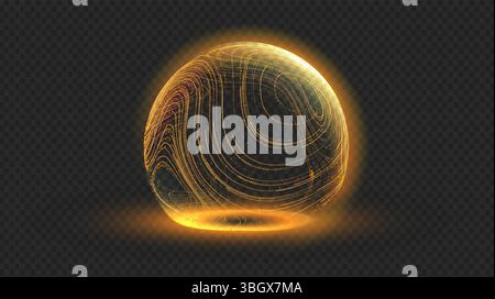 Bouclier de sphère doré en effet dôme 3D avec boule de globe tech pour protéger bg sécurisé. Motif de lumière abstrait par l'énergie de planète et la ligne numérique se connecte Illustration de Vecteur