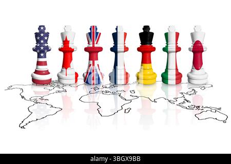 Drapeaux du groupe des sept ou G7. Échecs fabriqués à partir des Etats-Unis, Canada, Royaume-Uni, France, Italie, drapeaux de l'Allemagne et du Japon sur une carte du monde. Banque D'Images