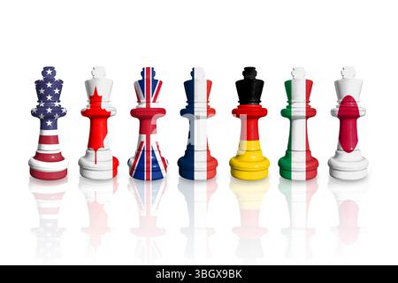Drapeaux du groupe des sept ou G7. Échecs fabriqués à partir des Etats-Unis, Canada, Royaume-Uni, France, Italie, drapeaux de l'Allemagne et du Japon sur une carte du monde. Banque D'Images