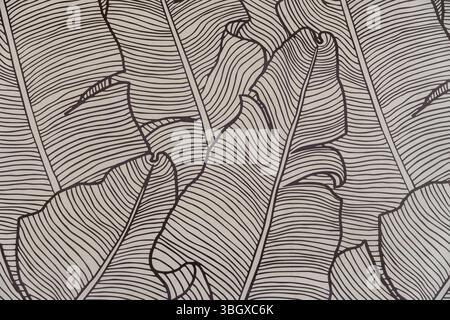 Bali, Indonésie - 17 décembre 2024 : dessin noir et blanc d'un bouquet de feuilles de banane. Les feuilles sont dessinées d'une manière très détaillée et complexe, giv Banque D'Images