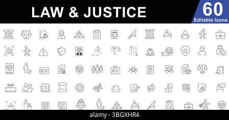 Jeu d'icônes de ligne droit et justice - symboles système juridique, tribunal, crime et droits Illustration de Vecteur