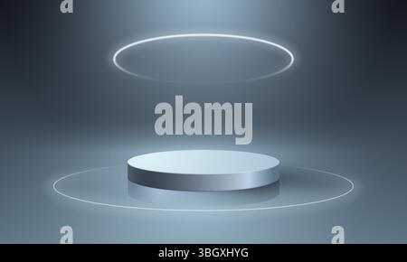 Podium rond vide sur fond bleu foncé avec effets de néon et reflets. Concept de conception technologique moderne. Illustration vectorielle. Illustration de Vecteur