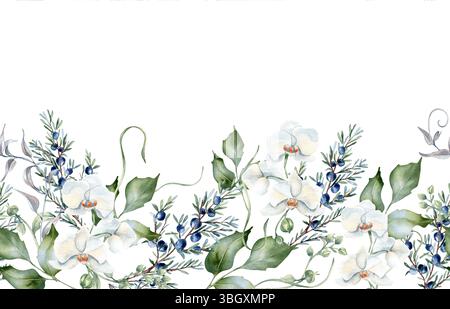 Bordure horizontale florale d'hiver sans couture avec fleurs d'orchidée blanche, genévrier et verdure dessinée à la main. Fleurs d'aquarelle et houx isolé pour les vacances Banque D'Images