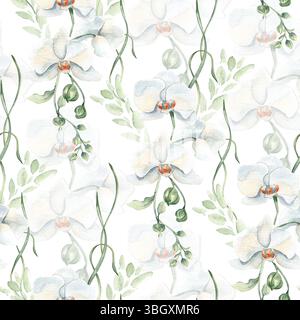 Fond d'aquarelle florale sans couture avec des orchidées blanches florissantes, des bourgeons et des tiges botaniques douces feuilles dessinées à la main isolées. Fleurs répétées Banque D'Images