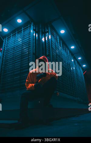 Une personne portant un sweat à capuche rouge est accroupie contre un bâtiment éclairé par un sarcelle la nuit. La scène est sombre et mystérieuse, avec un fort contraste entre les Banque D'Images