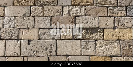 Gros plan de mur de briques de pierre texturées dans les tons neutres. Fond de photo panoramique abstrait Banque D'Images
