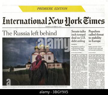 Couverture du journal The premier Edition of the International New York Times - mardi 15 octobre 2013 Banque D'Images