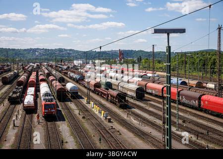 Triage ferroviaire à Hagen-Vorhalle, trains de marchandises, Hagen, Rhénanie du Nord-Westphalie, Allemagne. Eisenbahn-Rangierbahnhof à Hagen-Vorhalle, Gueterzu Banque D'Images