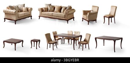mobilier moderne dans un ensemble séparé isolé sur fond blanc. canapé , fauteuil , table basse , table à manger Banque D'Images