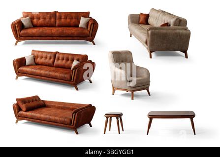 mobilier moderne dans un ensemble séparé isolé sur fond blanc. canapé , fauteuil , table basse Banque D'Images