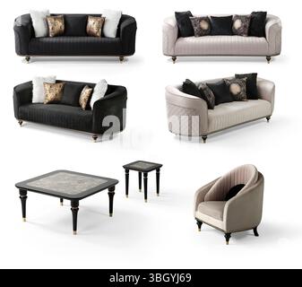 mobilier moderne dans un ensemble séparé isolé sur fond blanc. canapé , fauteuil , table basse Banque D'Images