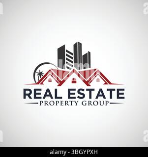 Logo du groupe immobilier - Maison moderne, Skyline et Palm Tree Branding Illustration de Vecteur