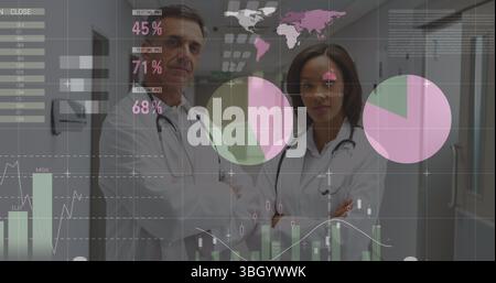 Image de l'interface graphique infographique se déplaçant sur le portrait de médecins multiraciaux confiants Banque D'Images