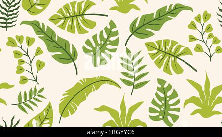 Motif coloré de feuilles tropicales avec palmier et monstera dans un look de dessin animé plat ludique. Idéal pour le design sur le thème de l'été, l'emballage, la papeterie, ou fa Illustration de Vecteur