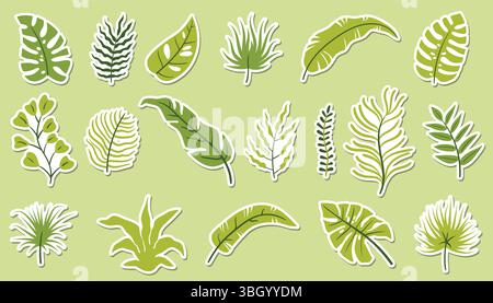 Ensemble d'autocollants avec des feuilles de palmier tropical et de monstera, des branches et des éléments floraux dans un style de dessin animé plat. Parfait pour la décoration d'été, les planificateurs, scra Illustration de Vecteur
