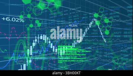 Image de graphiques, de données et de formules chimiques sur fond bleu Banque D'Images