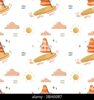 Modèle sans couture avec illustration de style cartoon de planche à voile sur une plage ensoleillée. Idéal pour l'été, les vacances, les voyages et les concepts de sports nautiques. Banque D'Images