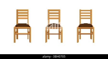 Mosaïque pixel art de trois chaises en bois dans un style de conception de jeu vidéo rétro simple Illustration de Vecteur