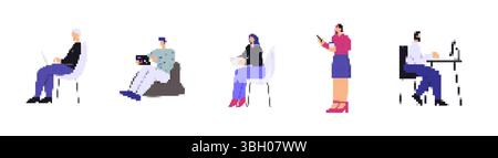 Icônes de style d'art de pixel de mosaïque représentant des personnes engagées dans diverses activités liées à l'ordinateur Illustration de Vecteur
