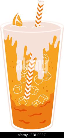Soda orange vif avec crème fouettée, glace et tranche d'orange servi dans un grand verre transparent avec paille rayée. Illustration vectorielle stock dans le plat de dessin animé Illustration de Vecteur