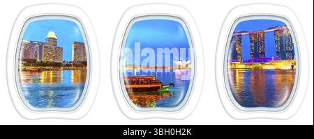 Trois hublots sur Panorama des bâtiments de Singapour, gratte-ciel et grande roue reflétés dans la mer, bateau touristique de nuit. Horizon de Singapour Banque D'Images